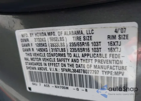 2007 Honda Odyssey Ex from USA, damaged, VIN 5FNRL38487B077797